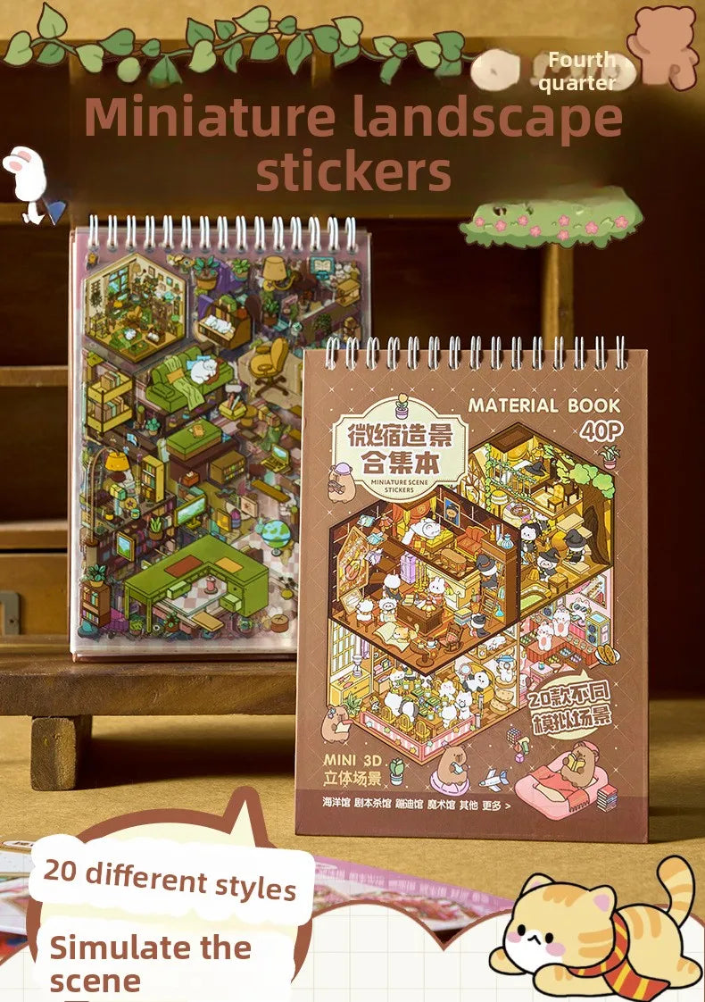 A box of miniature landscape stickers featuring various scenes and elements for scrapbooking and journaling.