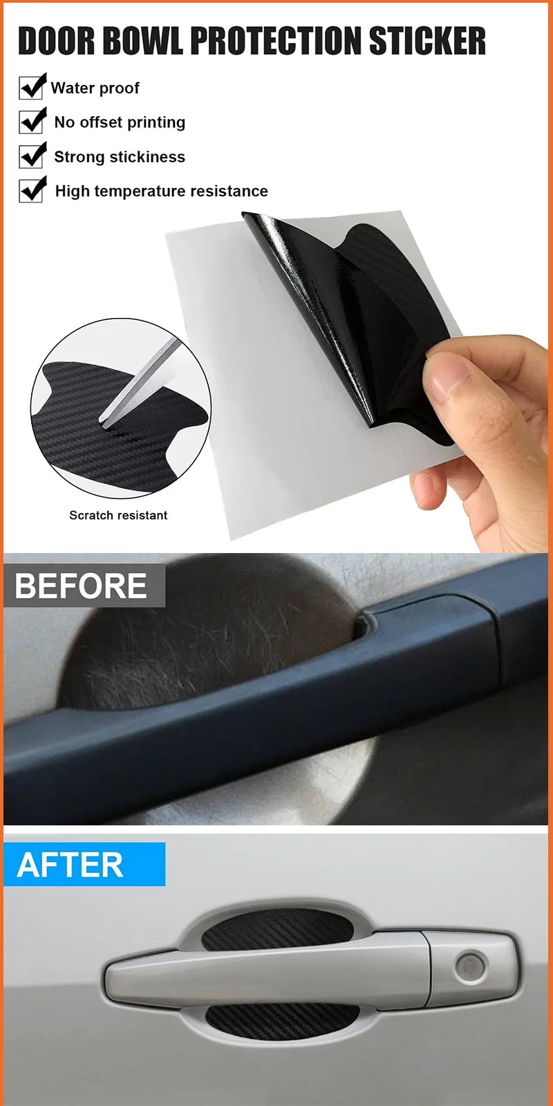 Door bowl protection sticker showing before and after application on a car door handle.