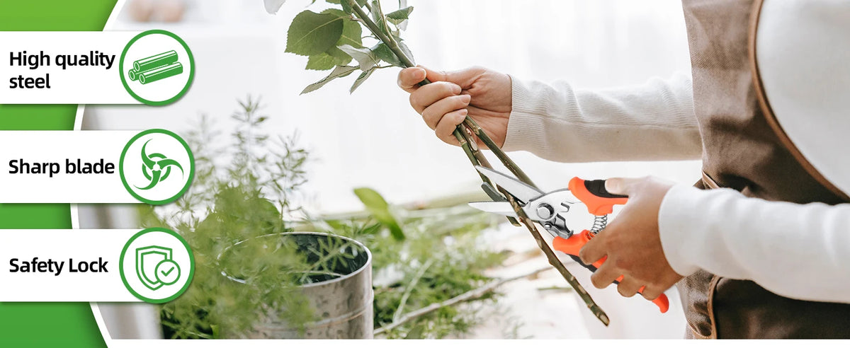 A person is using a stainless steel garden pruning shear with a safety lock to trim green foliage.