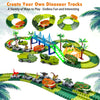 A set of green and yellow dinosaur tracks for climbing and racing featuring various dinosaur figures.