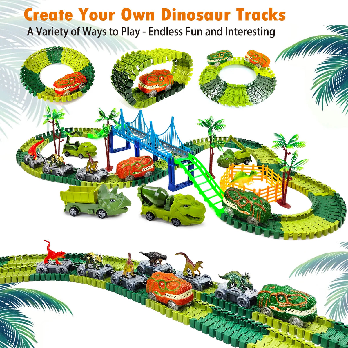 A set of green and yellow dinosaur tracks for climbing and racing featuring various dinosaur figures.