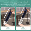 A white and blue retractable design storage rack for sinks, shown before and after retracting.