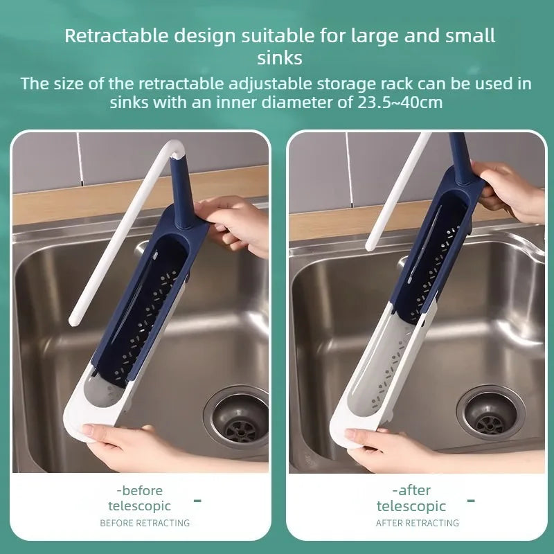 A white and blue retractable design storage rack for sinks, shown before and after retracting.