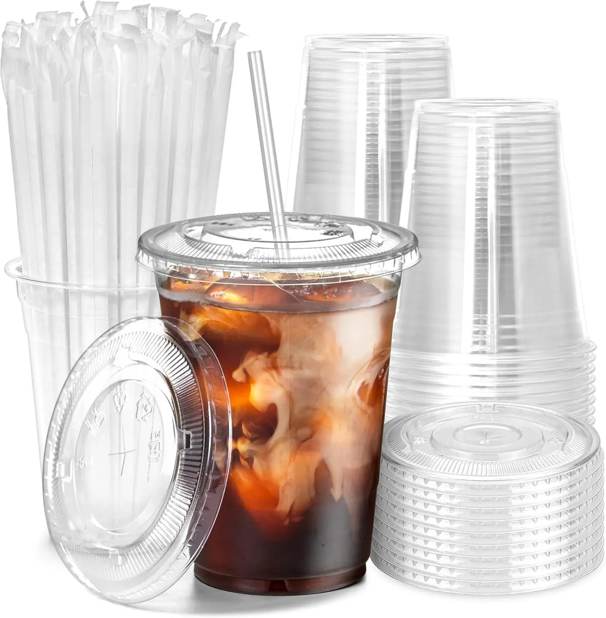 Clear Disposable Plastic Cups with Lids and Straws for Iced Coffee and Smoothies
