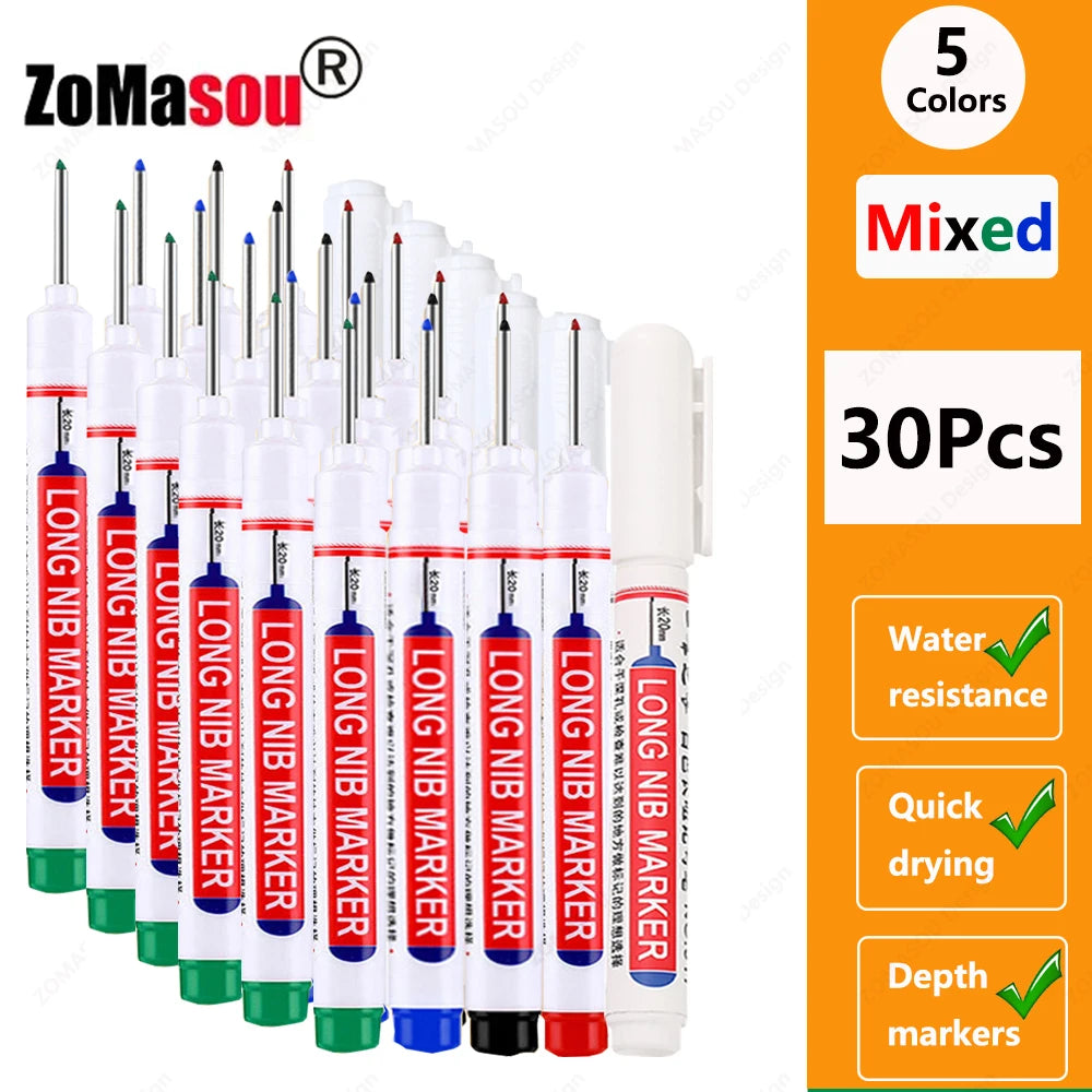 A set of 30 long nib marker tools in five colors for woodworking and construction