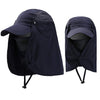 A dark blue UPF 50+ breathable wide brim sun hat shown folded and unfolded.
