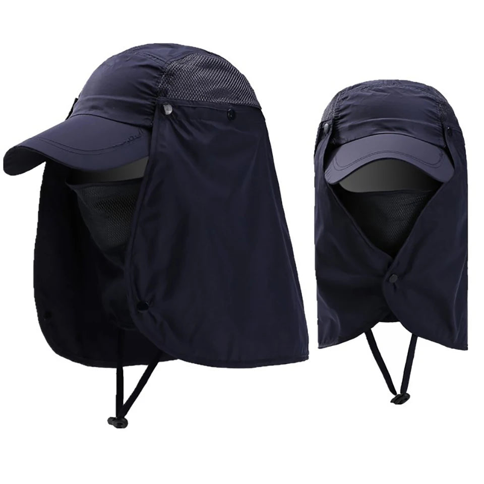 A dark blue UPF 50+ breathable wide brim sun hat shown folded and unfolded.