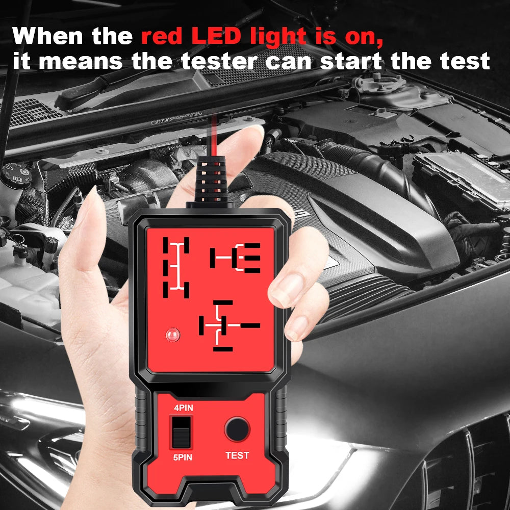 A hand holds a red LED light tester device, showing test indicators for 4-pin and 5-pin relays in a car engine bay context.