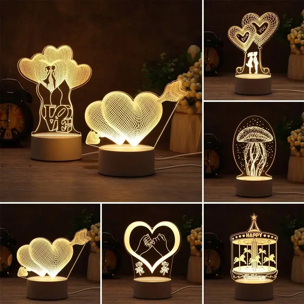 A collection of glowing heart and mushroom shaped LED night lights displayed on a wooden surface.