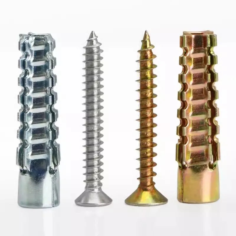 Four heavy duty steel wall anchors of varying lengths and finishes displayed side by side