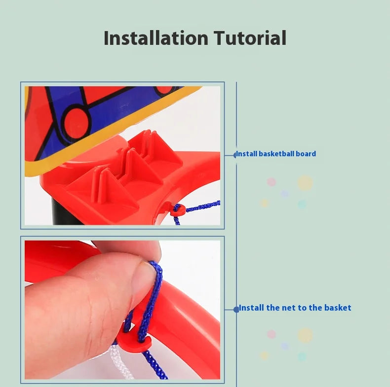 Installation tutorial showing steps to install a basketball board and net onto an adjustable kids' hoop.