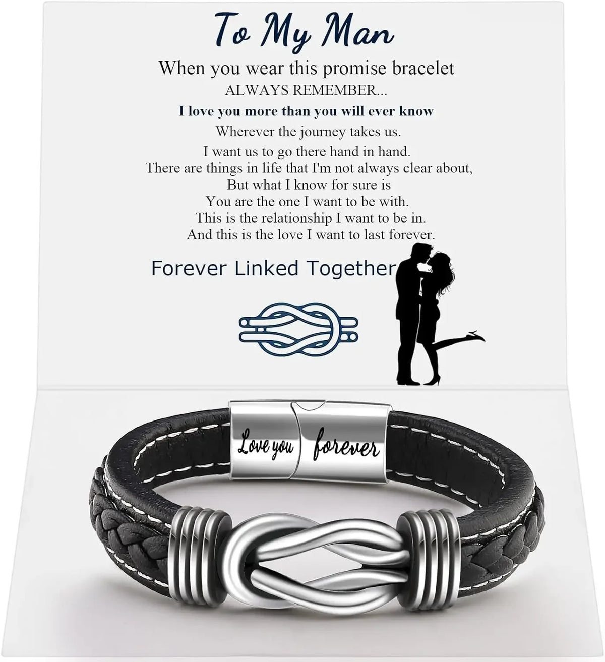 A black leather bracelet with a silver infinity knot design is displayed on a white card.