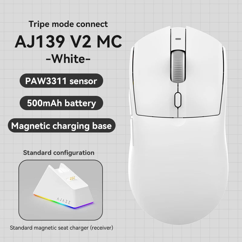 White AJ139 V2 MC wireless gaming mouse with a magnetic charging base and sensor