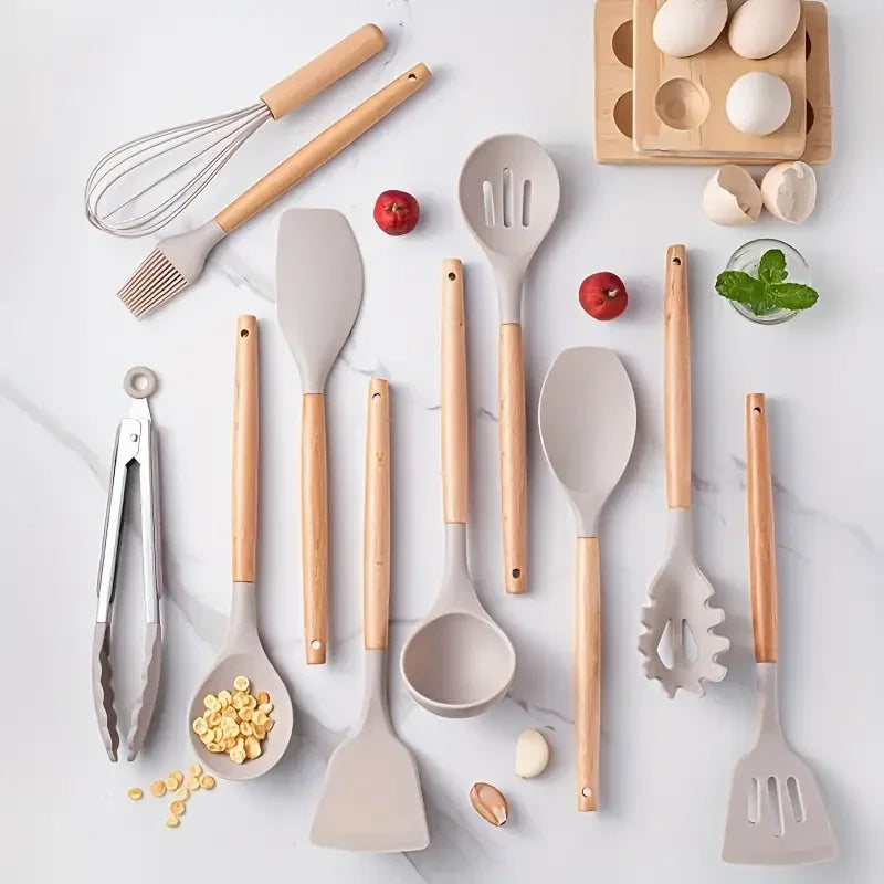 Ensemble de 12 Ustensiles de Cuisine en Silicone avec Manches en Bois