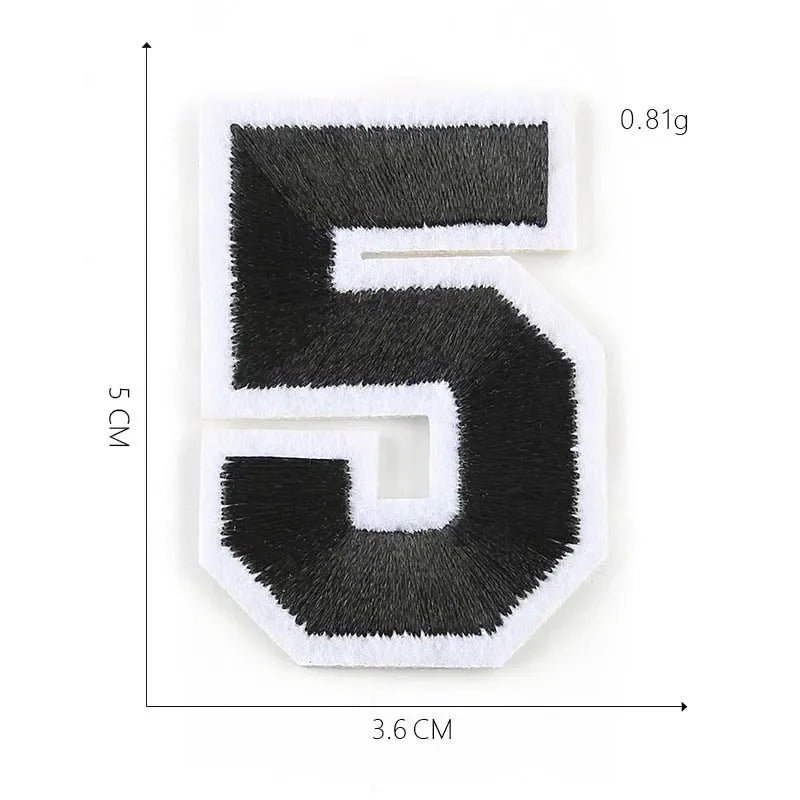 A black iron-on 3D number patch shaped like the numeral 5, measuring 5 cm high and 3.6 cm wide.