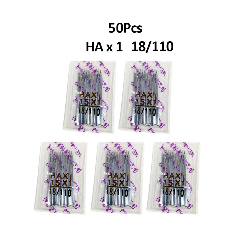 A pack of 50 pairs of HA needles in sizes 18/110 for sewing machines.