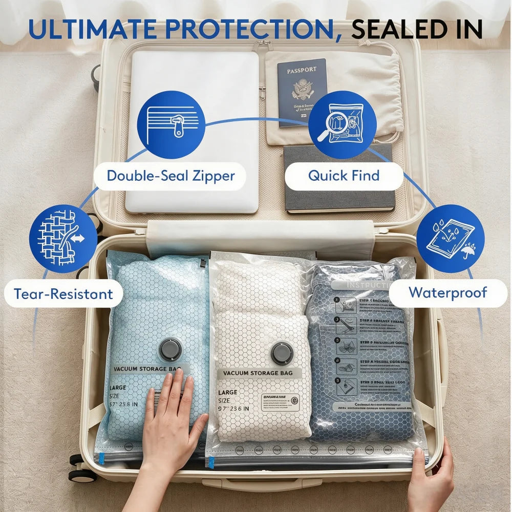 A hand is opening a suitcase to show space-saving vacuum storage bags and other travel items.