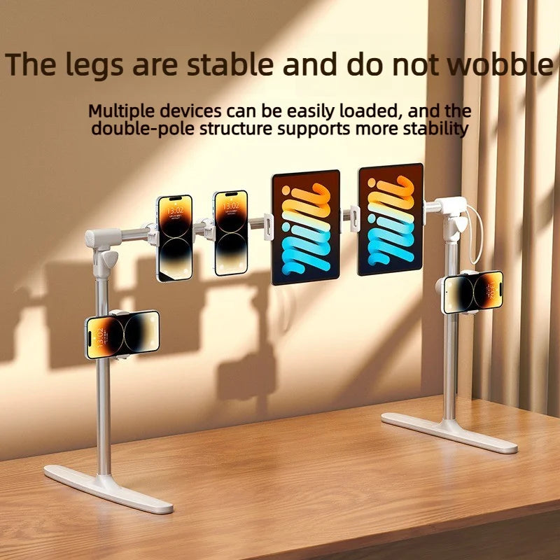 A multi-device stand with double-pole support holds several smartphones and tablets.