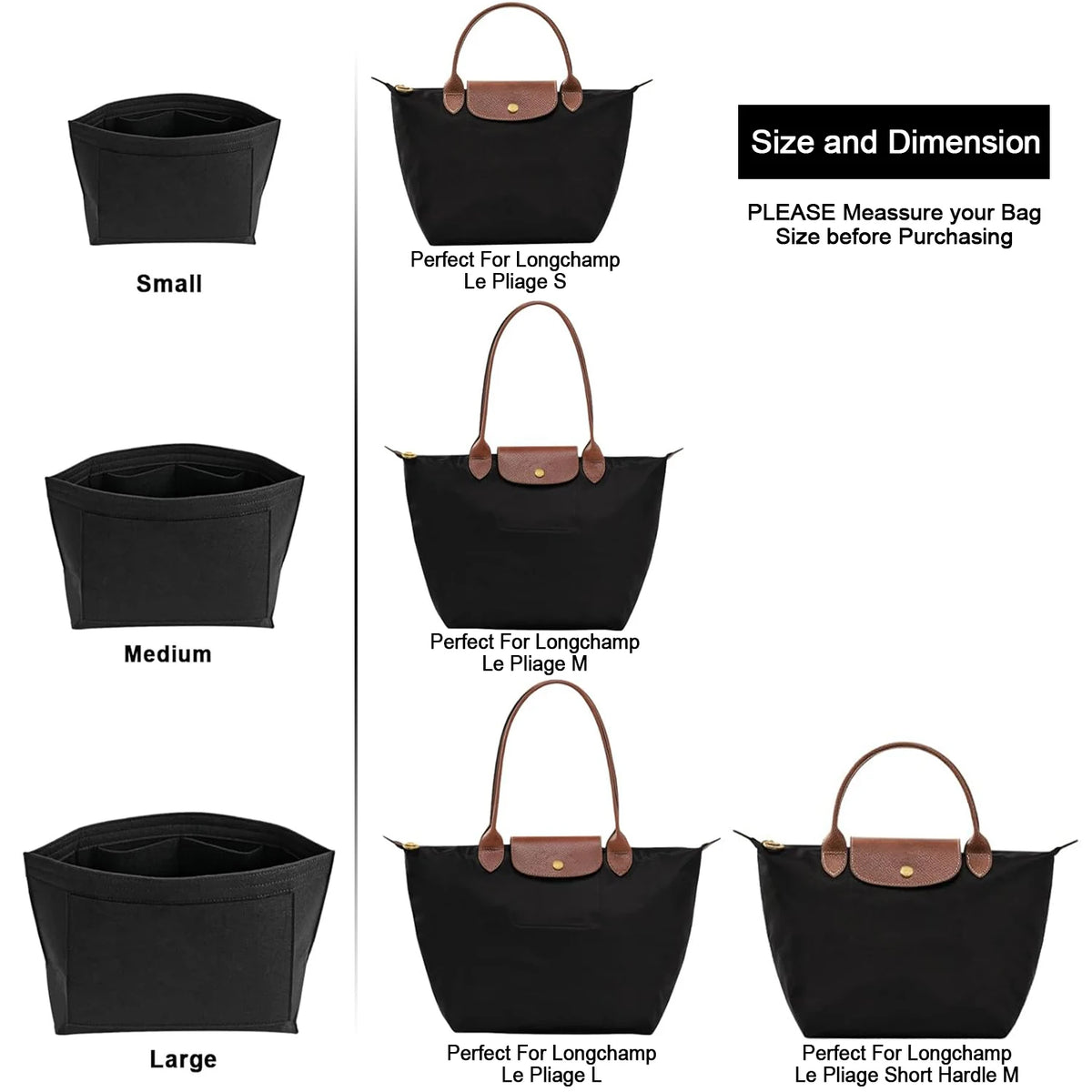 Black felt handbag organizer inserts in small, medium, and large sizes shown individually.