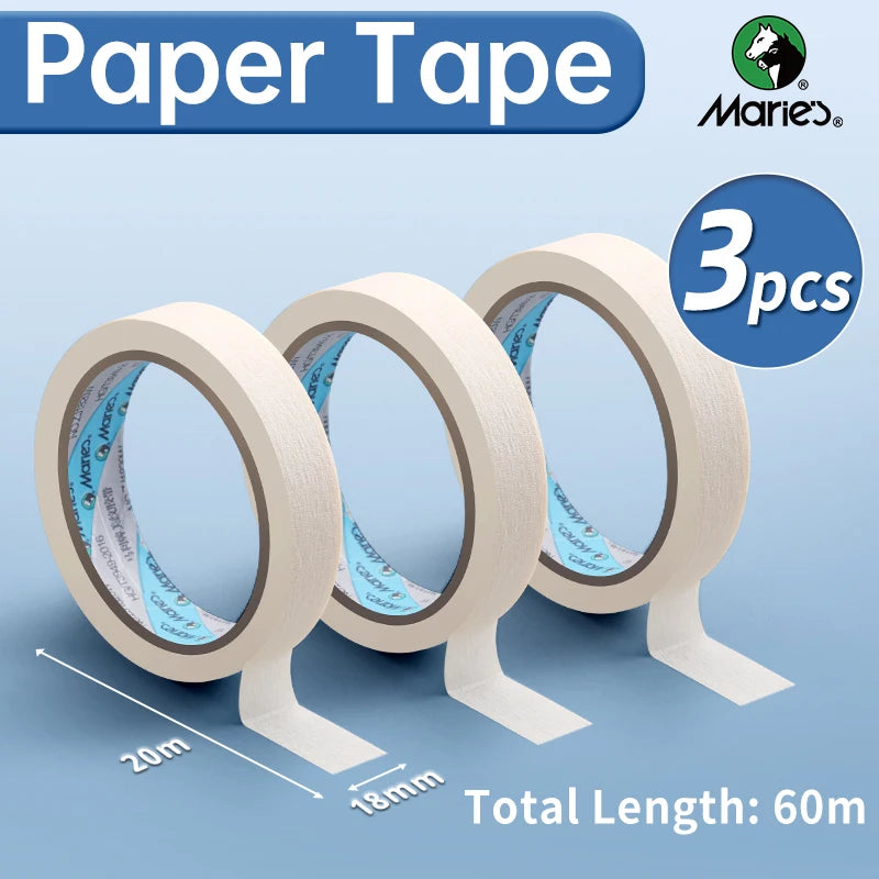 A set of three rolls of white paper tape from Marie's, showing the width and total length.