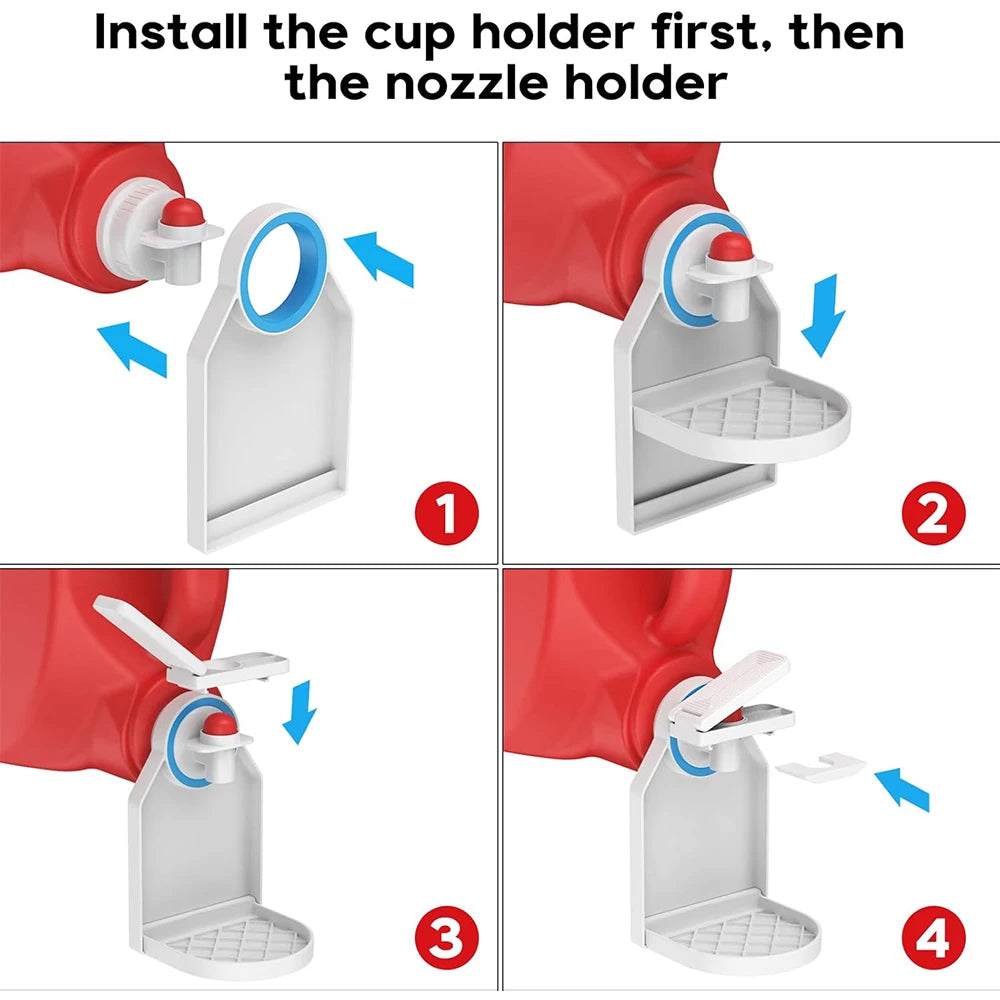 Step-by-step instructions showing how to install a cup holder and nozzle holder onto a red laundry detergent bottle.