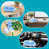 A double-sided electrostatic duster with a blue fuzzy head is shown being used on a desk and in a car interior.