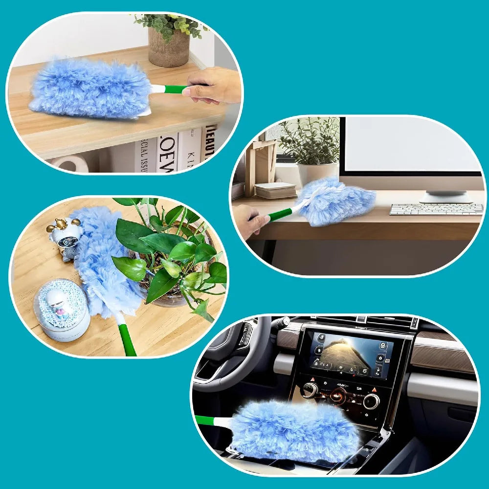 A double-sided electrostatic duster with a blue fuzzy head is shown being used on a desk and in a car interior.