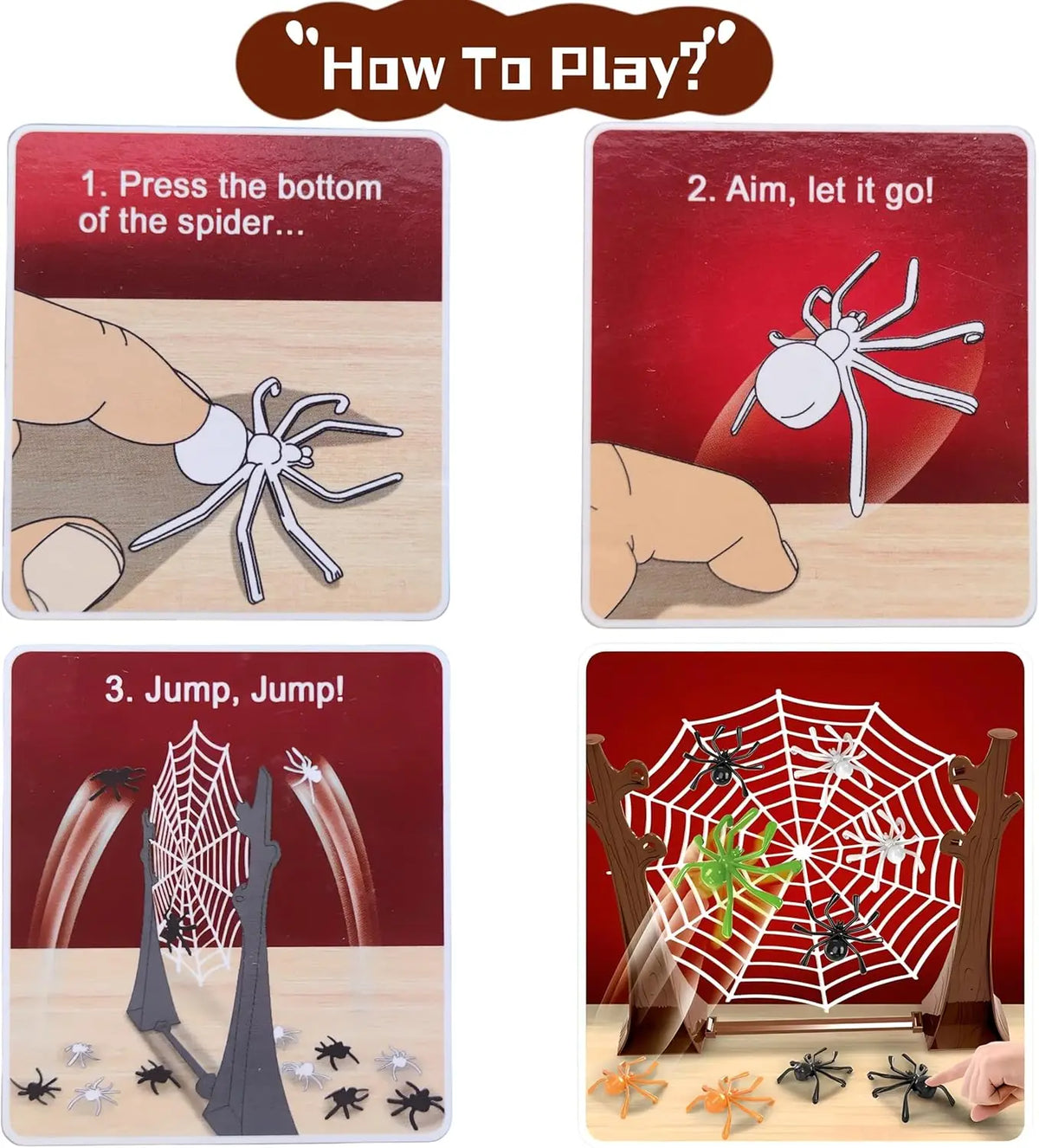 Instructions for a spider game showing how to press, aim, and jump onto a web.