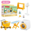 A set of forest animal miniature dollhouse furniture including a yellow wooden frame, a white washing machine, and various sm