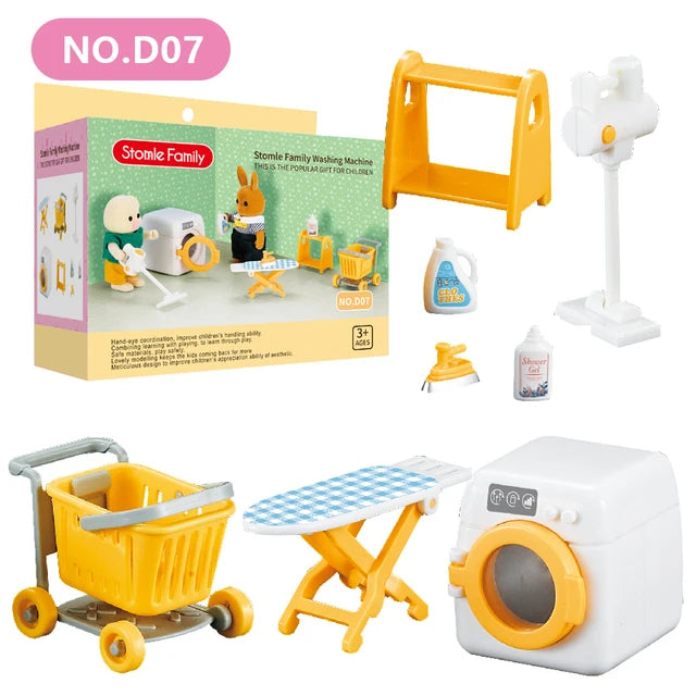 A set of forest animal miniature dollhouse furniture including a yellow wooden frame, a white washing machine, and various sm