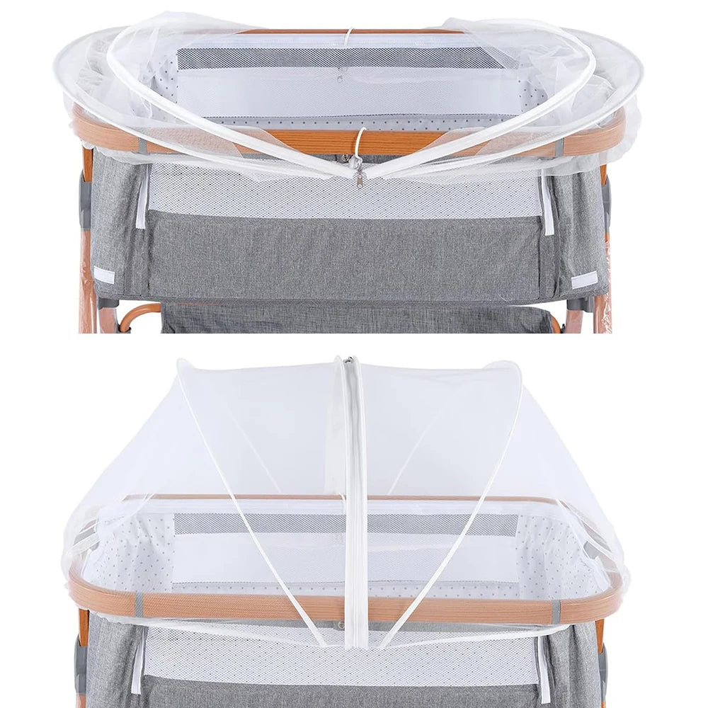 A universal baby mosquito net cover for bassinets, cribs, and car seats shown folded on a wooden frame.