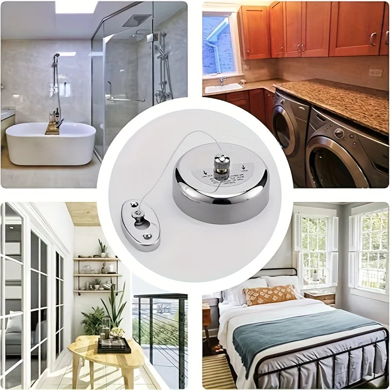 A collection of bathroom, kitchen, and bedroom scenes showing a retractable stainless steel wall-mounted clothesline.