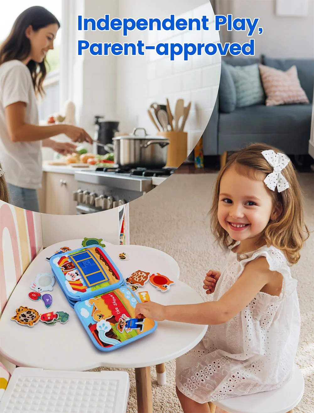 A smiling toddler girl is interacting with a blue felt busy book activity board in a bright indoor setting.