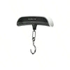 A portable digital luggage scale with a black and white housing and a metal hook.
