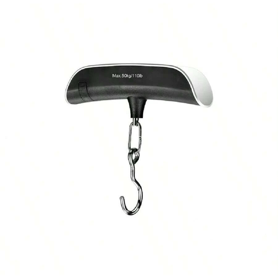 A portable digital luggage scale with a black and white housing and a metal hook.