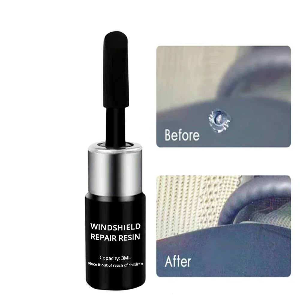 A black plastic kit for windshield repair resin showing before and after results.