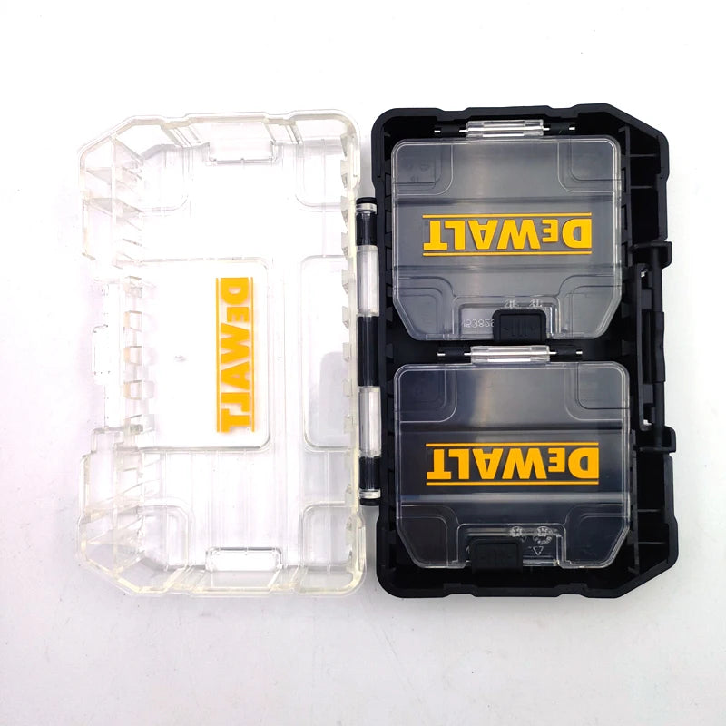 A black DEWALT tool case with two clear plastic compartments for storing tools.