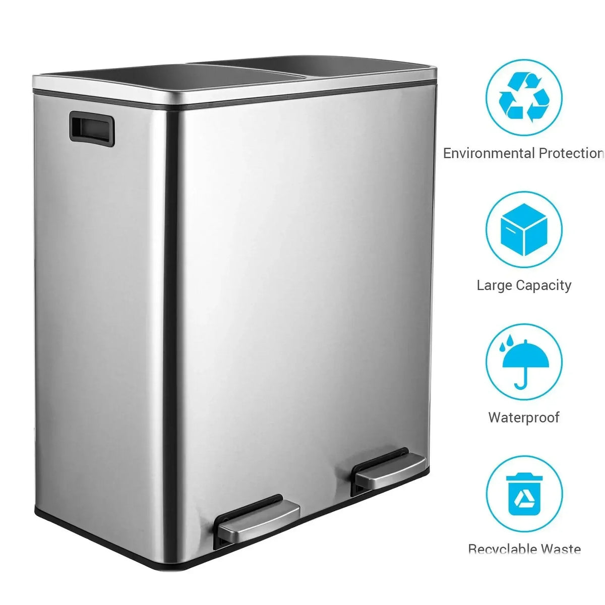 Silver dual compartment recycling trash can with a soft-close lid featuring environmental protection, large capacity, waterpr