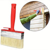 A red paint brush with a wide, flexible bristles is shown alongside an inset demonstrating its use on wooden siding.