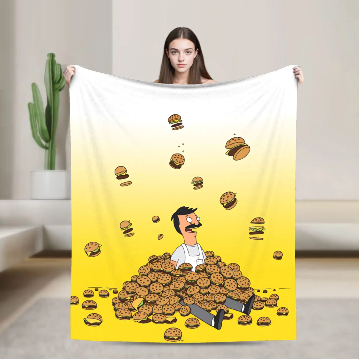 A yellow cartoon illustration of a man surrounded by numerous small food items on a white blanket.