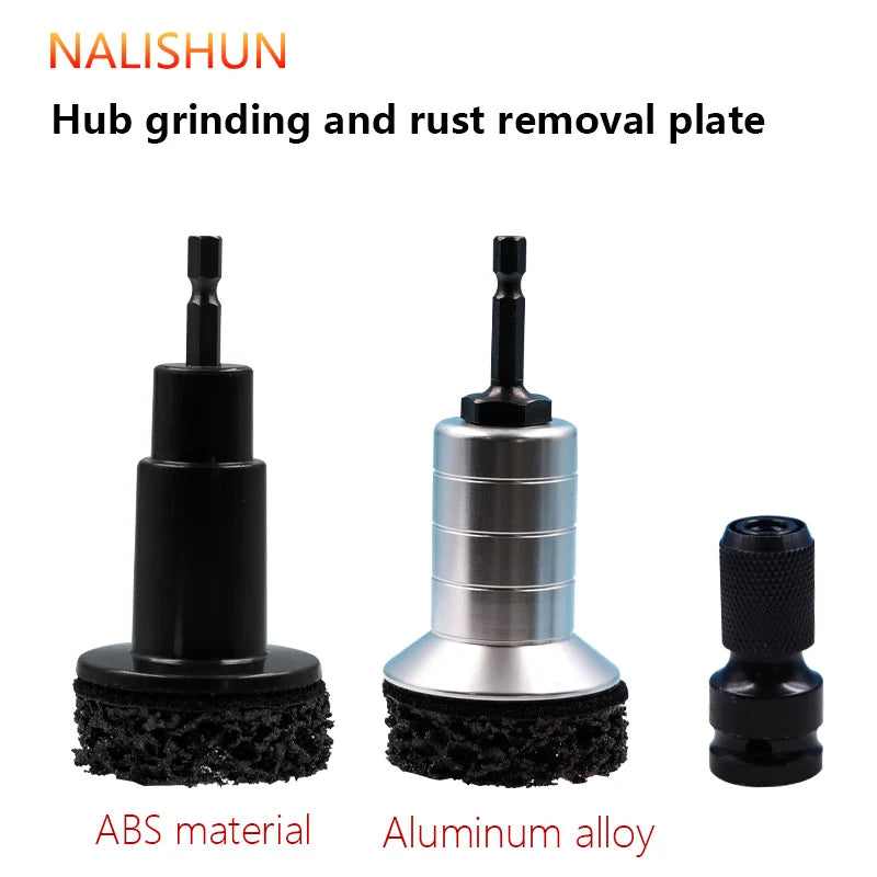 Hub grinding and rust removal plate kit showing black ABS material and aluminum alloy components