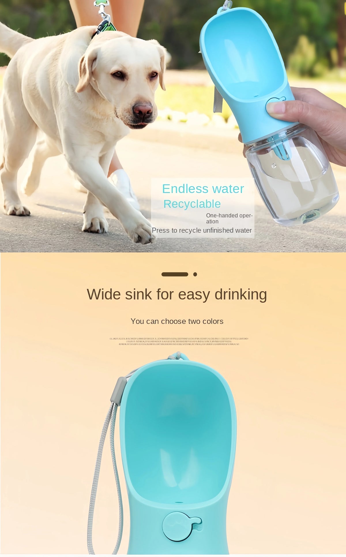 A light blue portable pet water bottle with a spout is shown being held by a hand, next to a dog.