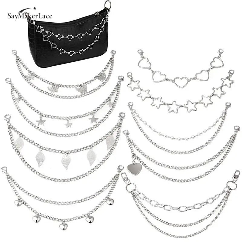 Black leather multi-layer chain strap with various silver pendant charms and decorative chains
