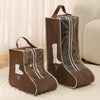 Brown storage bags for tall boots with a brown fabric exterior and clear plastic lining