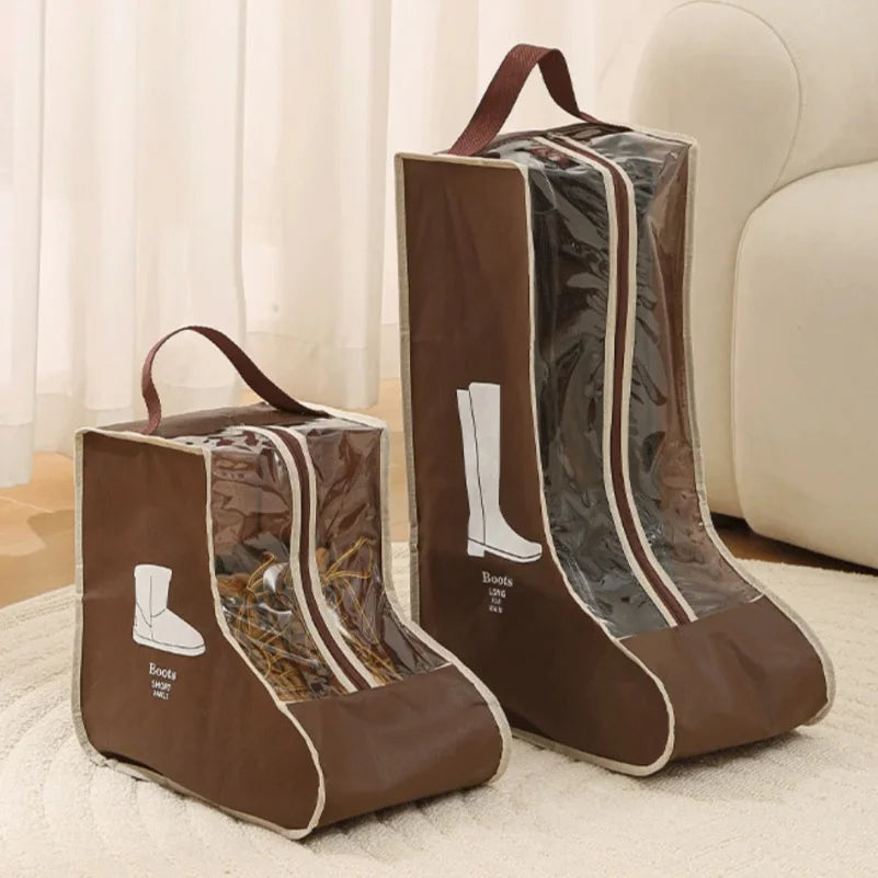 Brown storage bags for tall boots with a brown fabric exterior and clear plastic lining