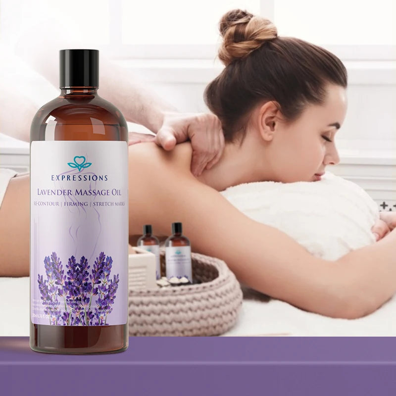 A bottle of lavender massage oil is shown next to a woman receiving a massage.