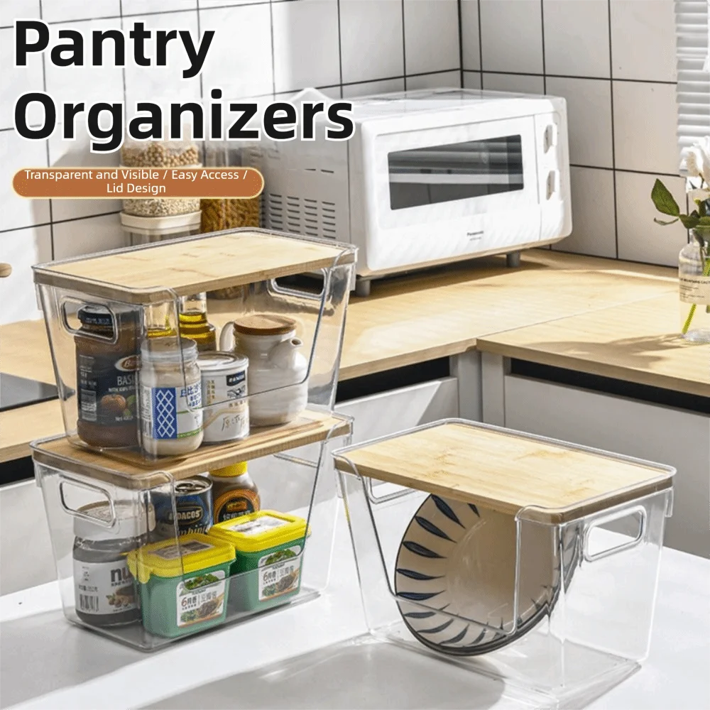 Stackable clear pantry organizers with bamboo lids holding various kitchen spices and dry goods.