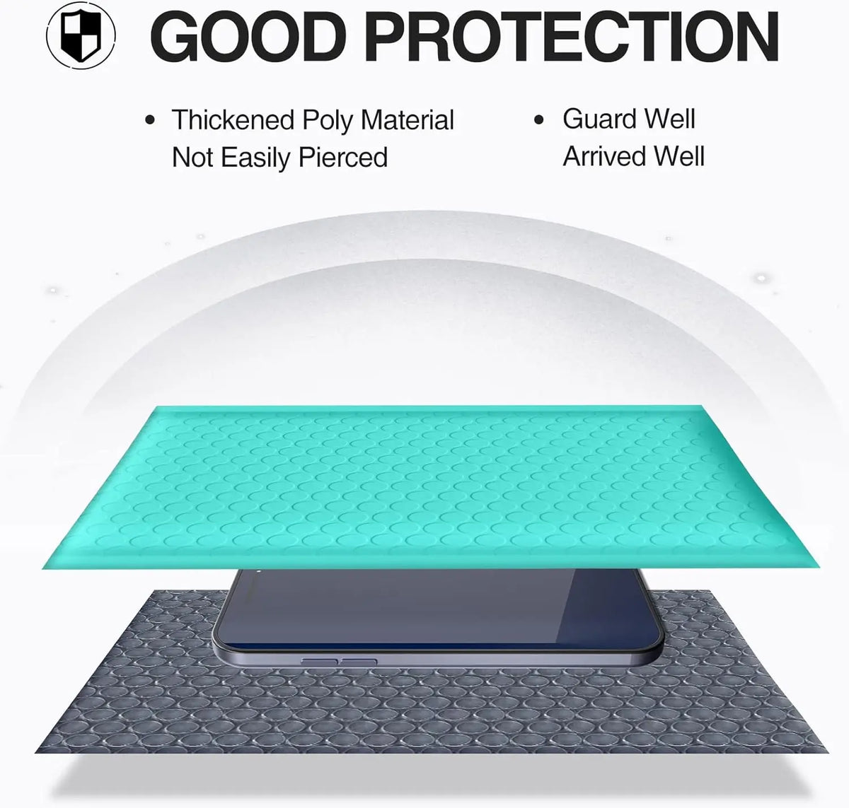 A teal padded bubble mailer protecting a smartphone on a gray surface.