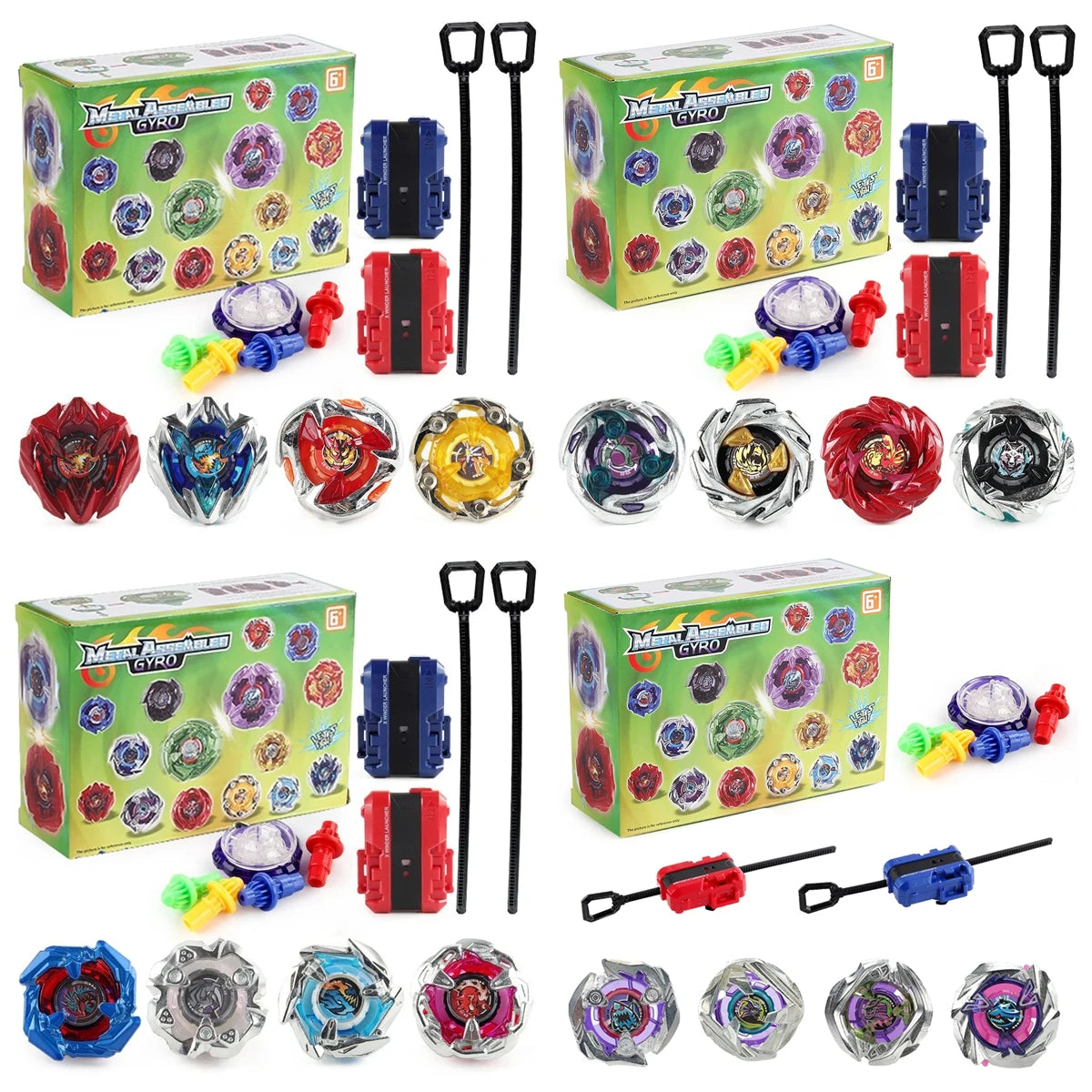 Metal Gyro Spinning Top Battle Set with Launchers featuring various colored spinning tops and launchers.