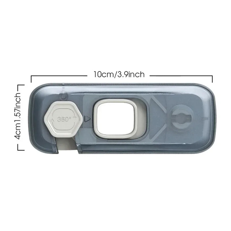 A clear plastic child safety cabinet or fridge lock with a 10cm length and 4cm thickness.